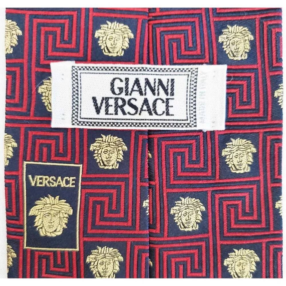 Gianni Versace Mens Woven Medusa Geometric Design Black Red Gold Neck Tie VTG